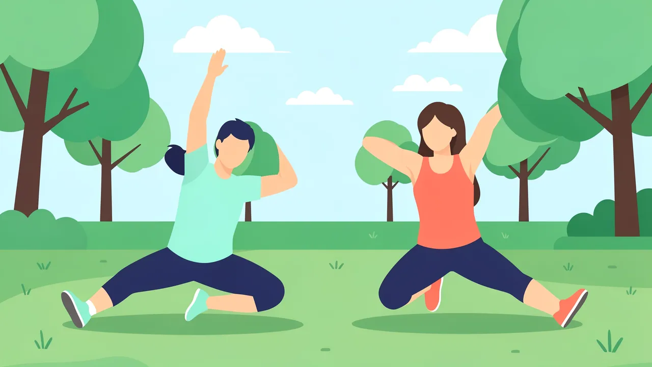 Two faceless people stretch together on grass in a sunny park before a run