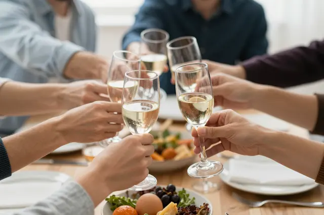 Multiple hands holding wine glasses clink together over a wooden holiday dinner table