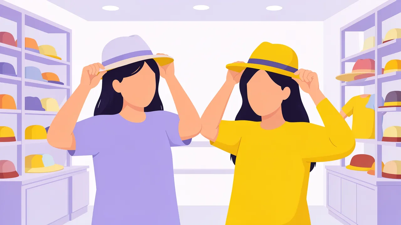 Two faceless female friends try on hats together inside a bright lilac and yellow hat shop.