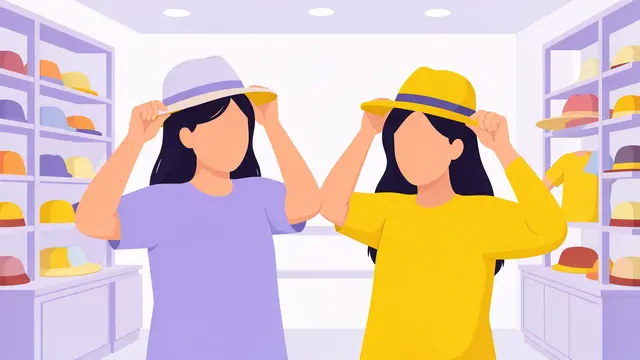 Two faceless female friends try on hats together inside a bright lilac and yellow hat shop.