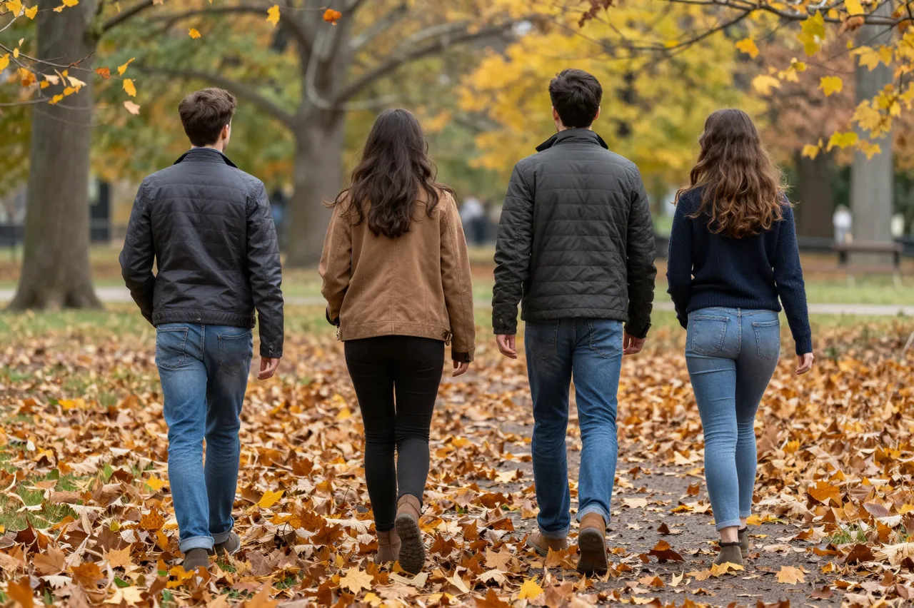 Four friends viewed from behind walk along a leaf-covered autumn park path