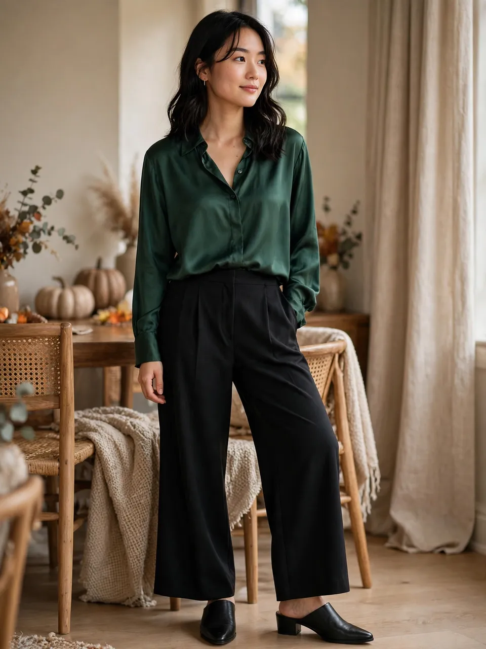 East Asian woman in late twenties stands in a cozy autumn dining room wearing a green satin blouse and black trousers