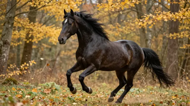 A black Friesian horse gallops through an autumn forest with golden falling leaves