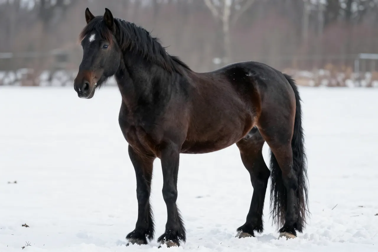 A dark glossy Friesian horse with feathered hooves stands in a wide snowy field with a blurred winter treeline in the