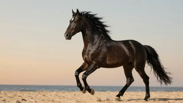 A dark Friesian horse trots across a sandy beach with flowing mane at sunset beside the ocean.