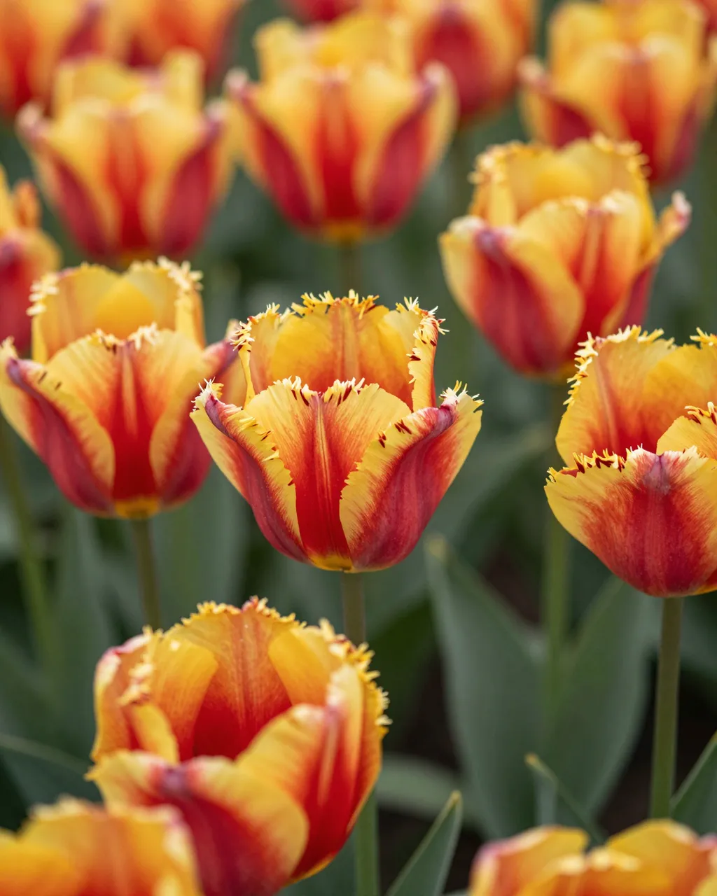 Sharp focus on ruffled fringed red and yellow flamed tulips with soft blurred background blooms