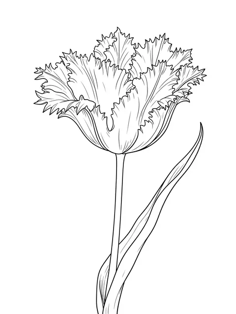 Delicate fine line drawing of a fringed tulip with frilly petal edges on a plain white background