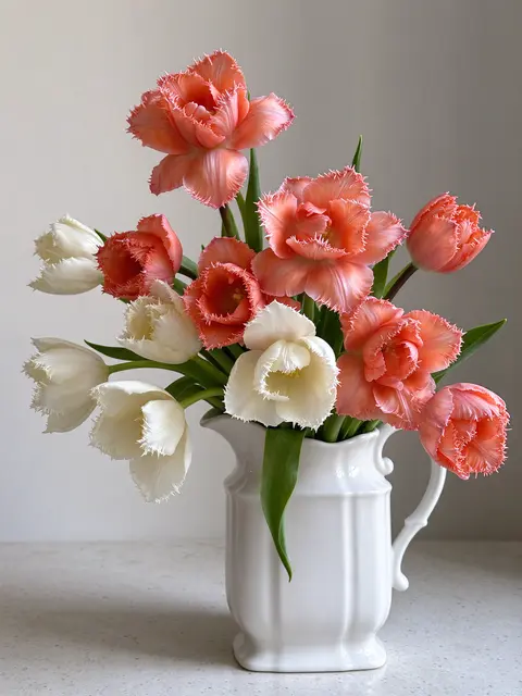 Ruffled coral and cream fringed tulips arranged in a white ceramic pitcher on a light countertop