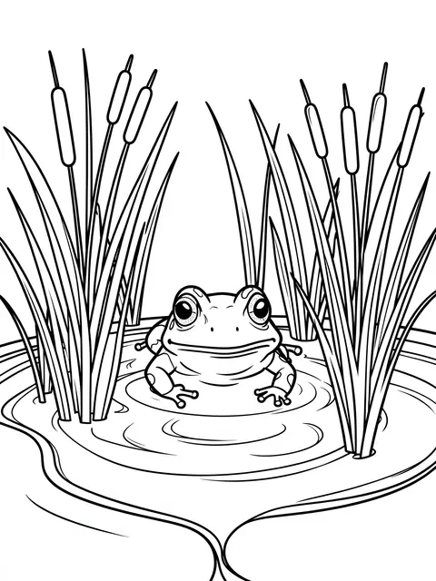 Black and white line art of a frog peeking from pond water between cattail reeds on a plain white background
