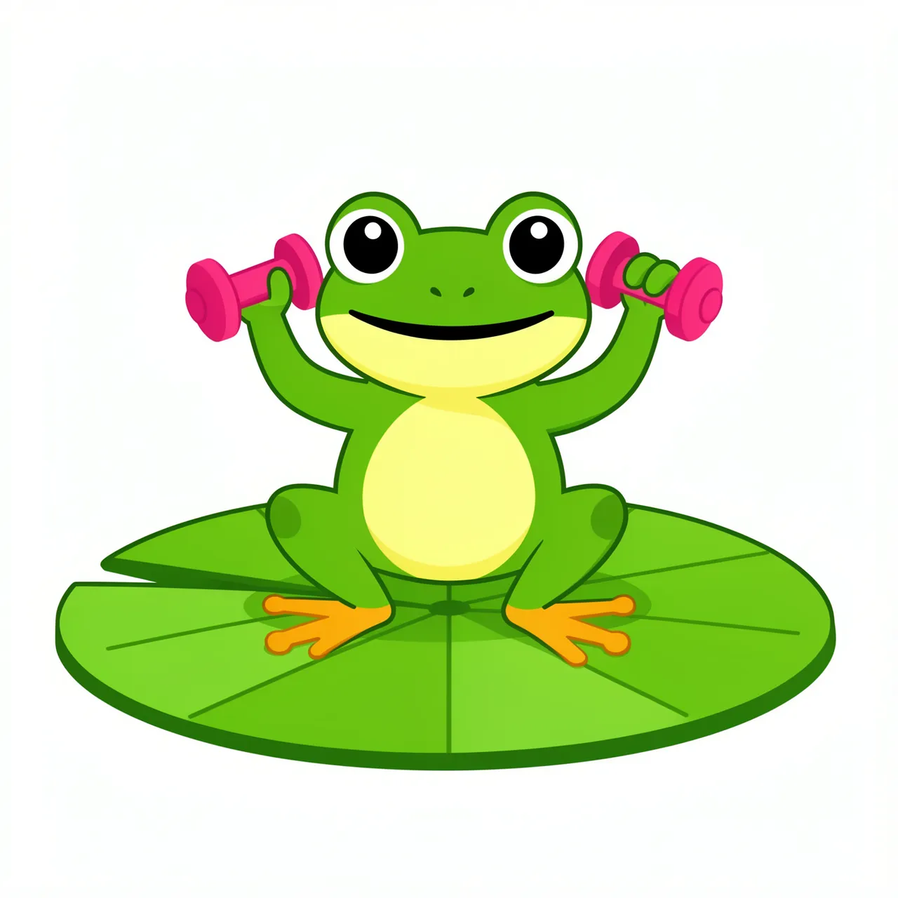 A cheerful cartoon frog sits on a lily pad holding small pink dumbbells above its shoulders