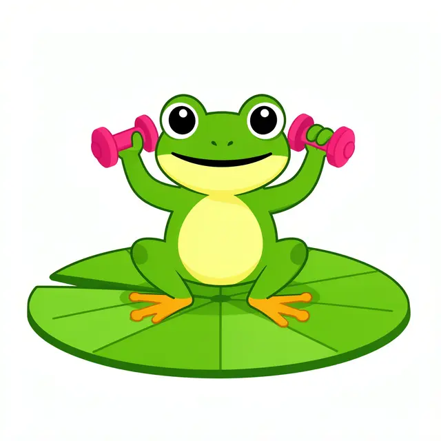 A cheerful cartoon frog sits on a lily pad holding small pink dumbbells above its shoulders