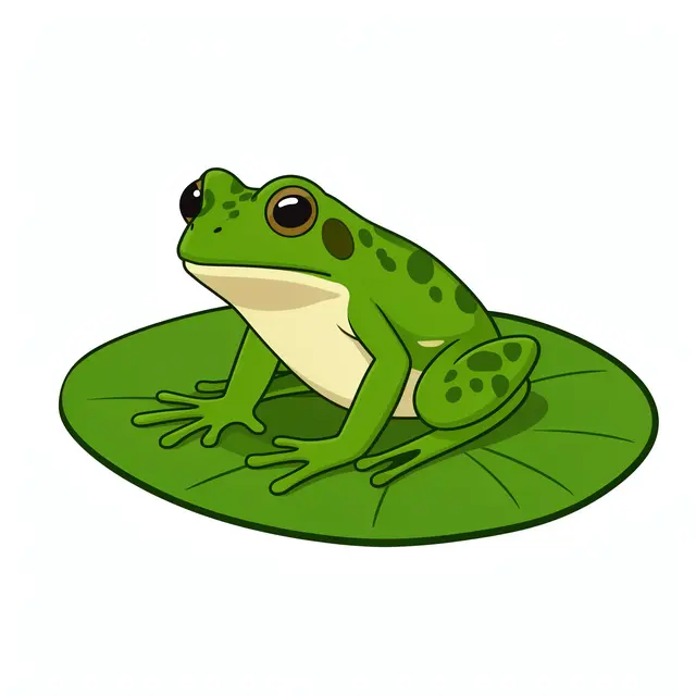 A flat cartoon green spotted frog sits upright on a round green lily pad against a plain white background