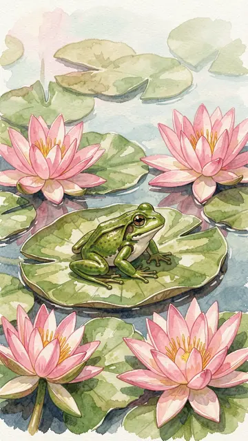 A green frog rests on a large lily pad surrounded by blooming pink water lilies on calm pond water