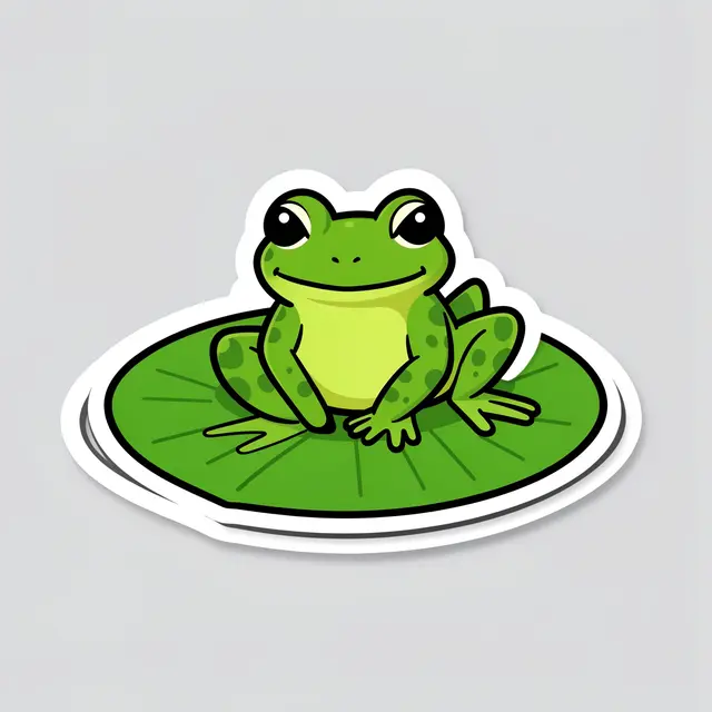 Cute flat illustration sticker of a smiling green frog sitting on a lily pad on a light gray background
