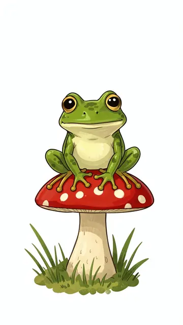 A cheerful illustrated green frog sits atop a red spotted fly agaric mushroom surrounded by grass