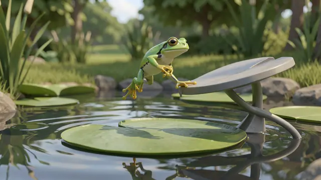 A stylized green frog balances on the edge of a lily pad springboard above a calm pond.