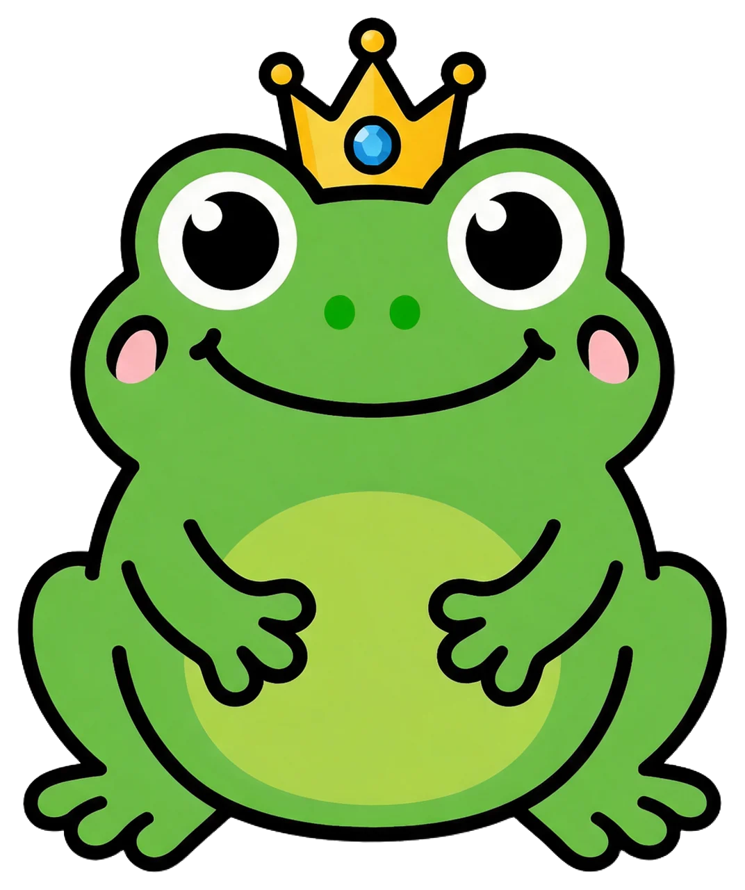 Cute cartoon sitting green frog wearing a gold crown with a friendly smile