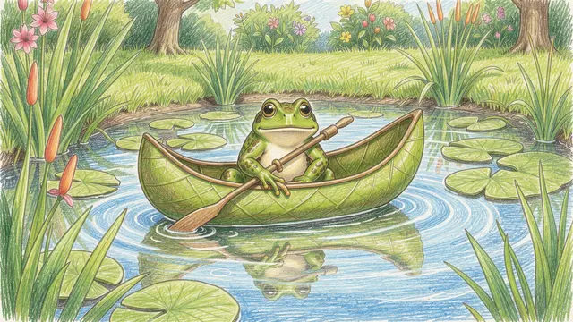 A green spotted frog paddles a leaf canoe across a lily-dotted garden pond surrounded by reeds and flowers.