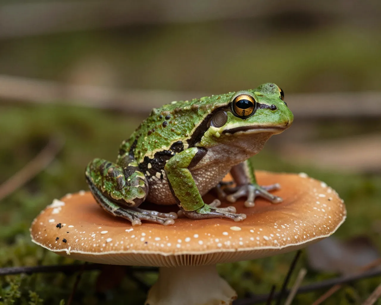 A small green patterned tree frog rests on the cap of a spotted orange mushroom on a mossy forest floor