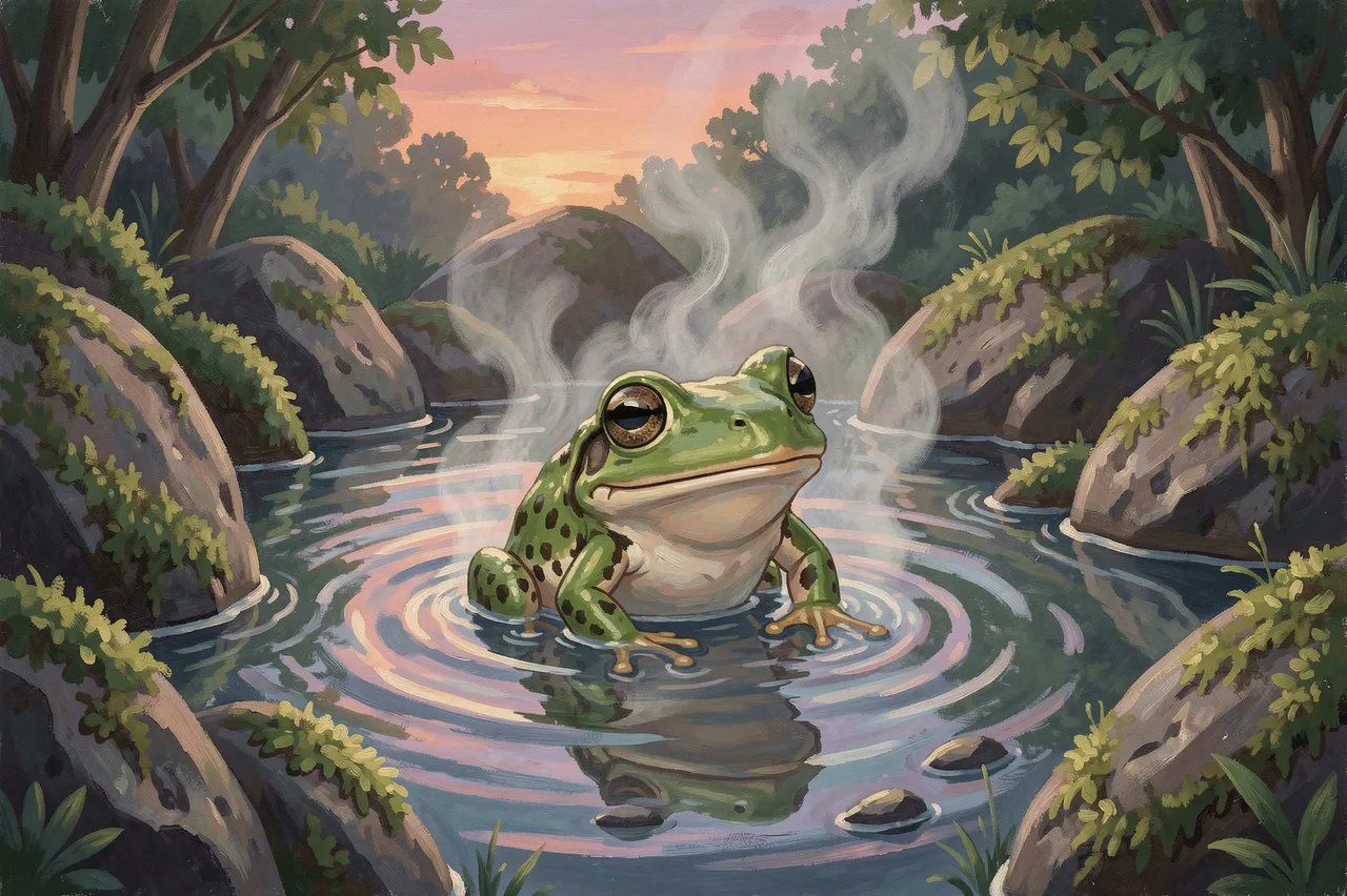 A spotted green frog sits relaxed in a steaming moss-lined hot spring at soft dusk