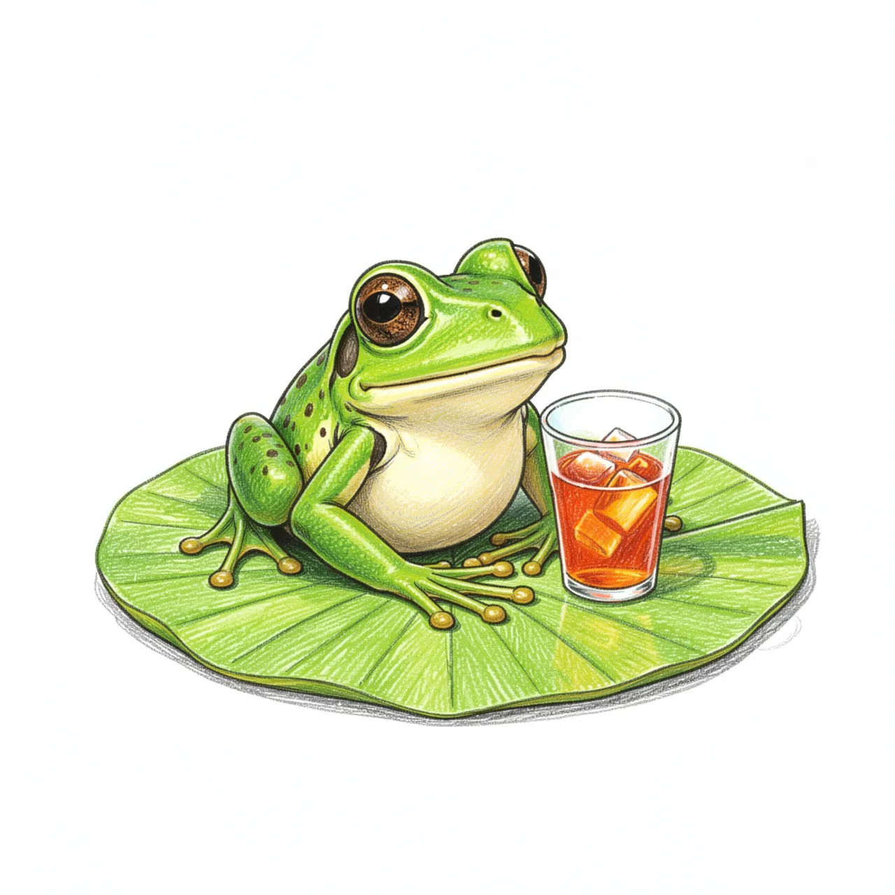 A colored pencil drawing of a cute green frog resting on a lily pad next to a small glass of iced tea.