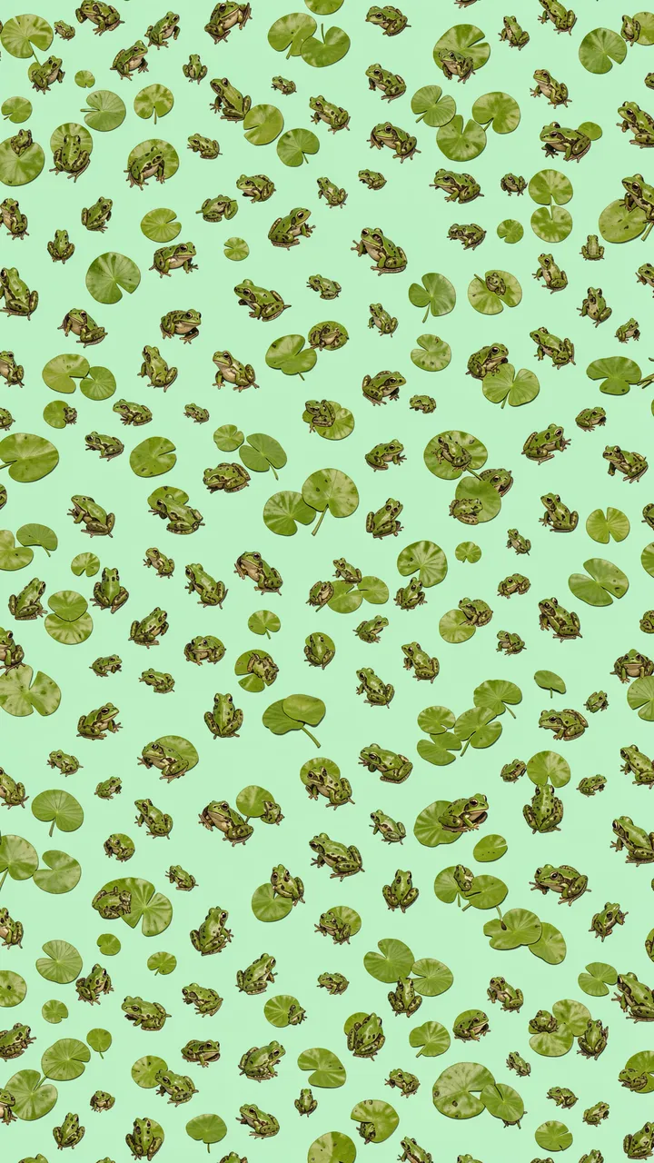 Scattered tiny illustrated frogs and lily pads on a soft mint green background
