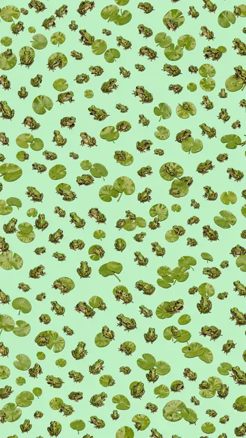 Scattered tiny illustrated frogs and lily pads on a soft mint green background