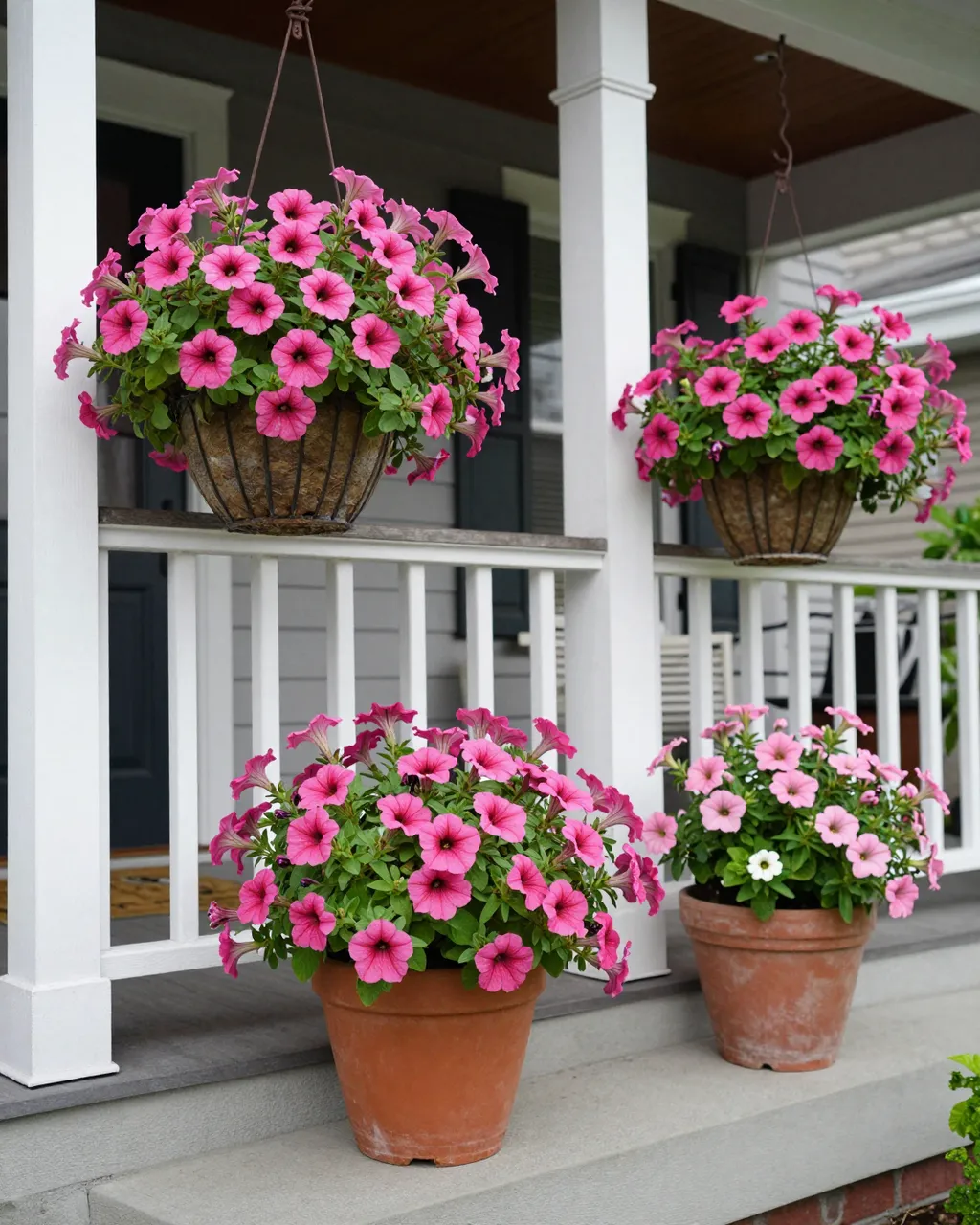 House front porch decorated with hanging baskets and potted pink petunias on the entry steps