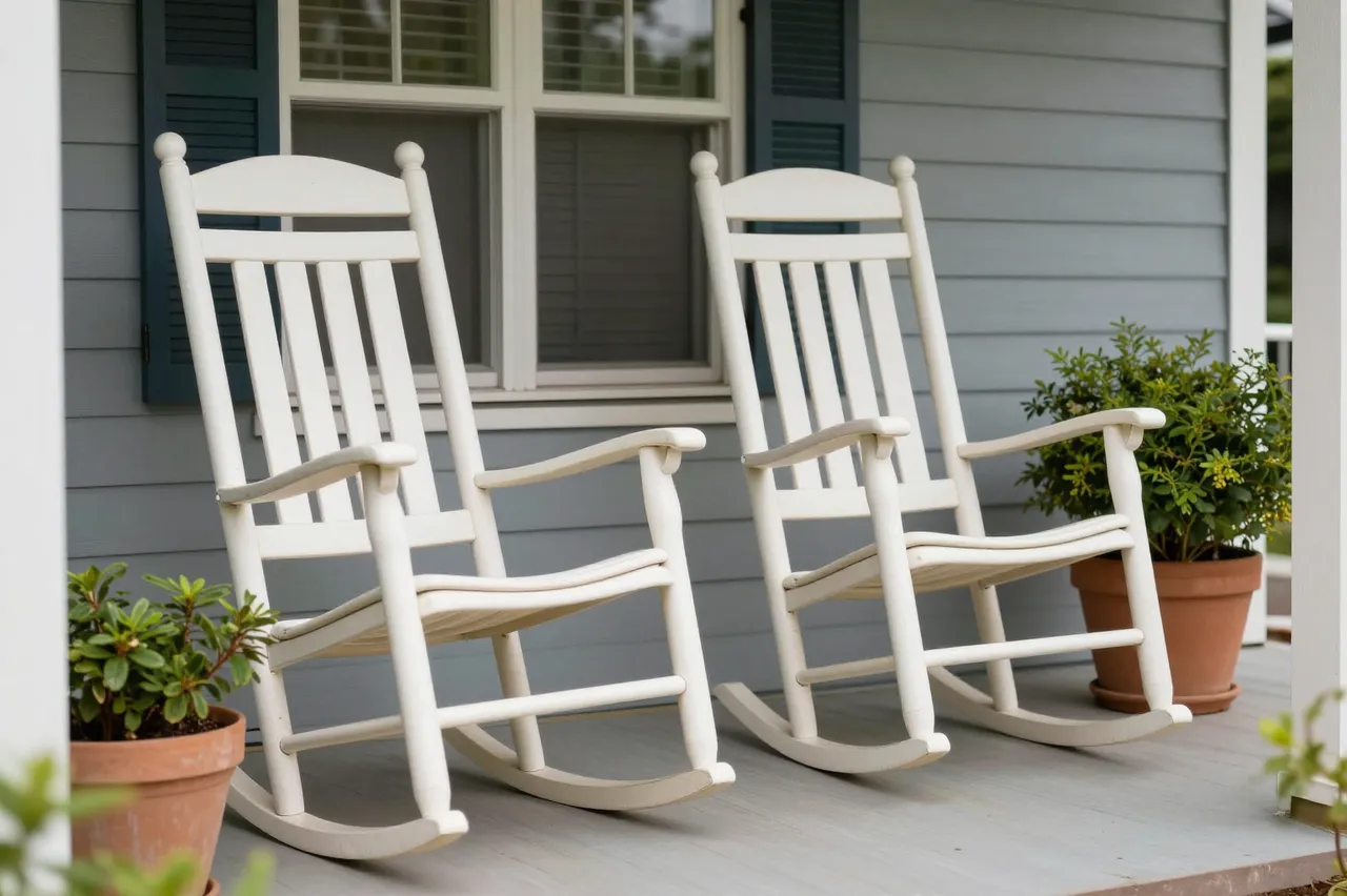 Two white wooden rocking chairs sit beside potted plants on a house front porch.