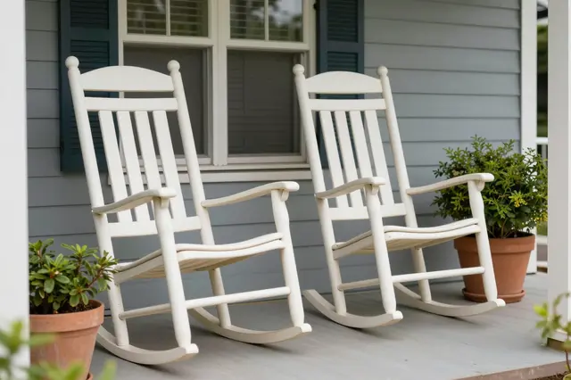 Two white wooden rocking chairs sit beside potted plants on a house front porch.