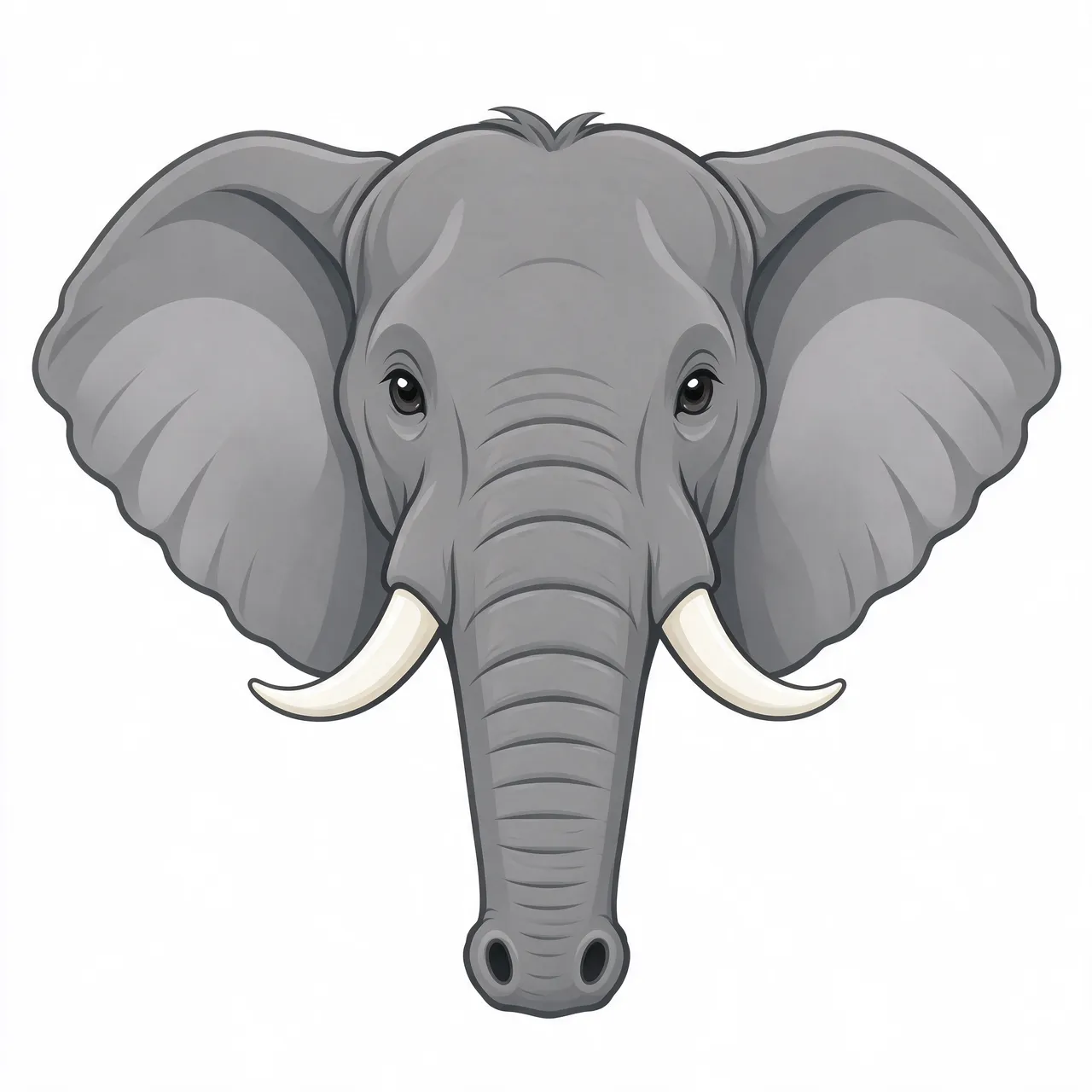 Flat clipart illustration of a front-facing elephant head with wide ears and short tusks on a white background