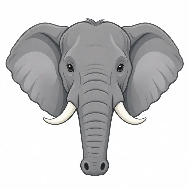 Flat clipart illustration of a front-facing elephant head with wide ears and short tusks on a white background