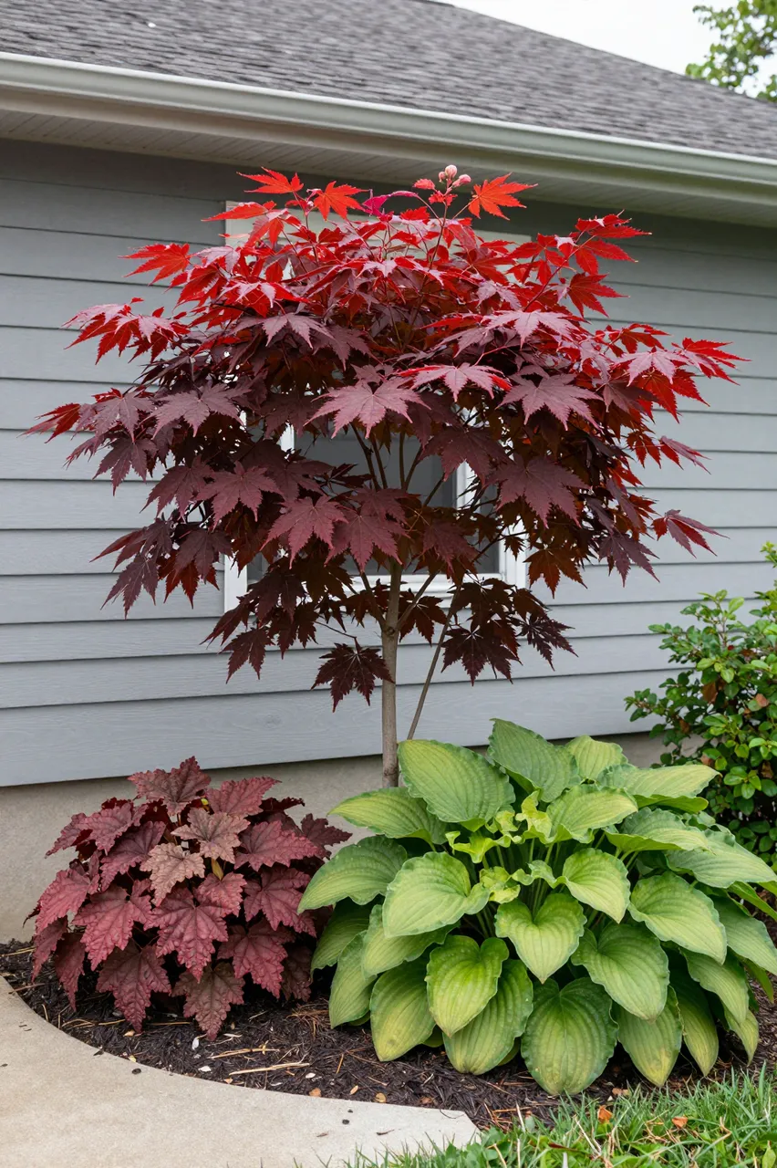 A small red maple tree stands in a mulched front yard bed with hosta and heuchera next to a gray sided house.