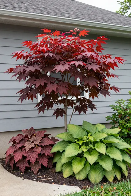 A small red maple tree stands in a mulched front yard bed with hosta and heuchera next to a gray sided house.