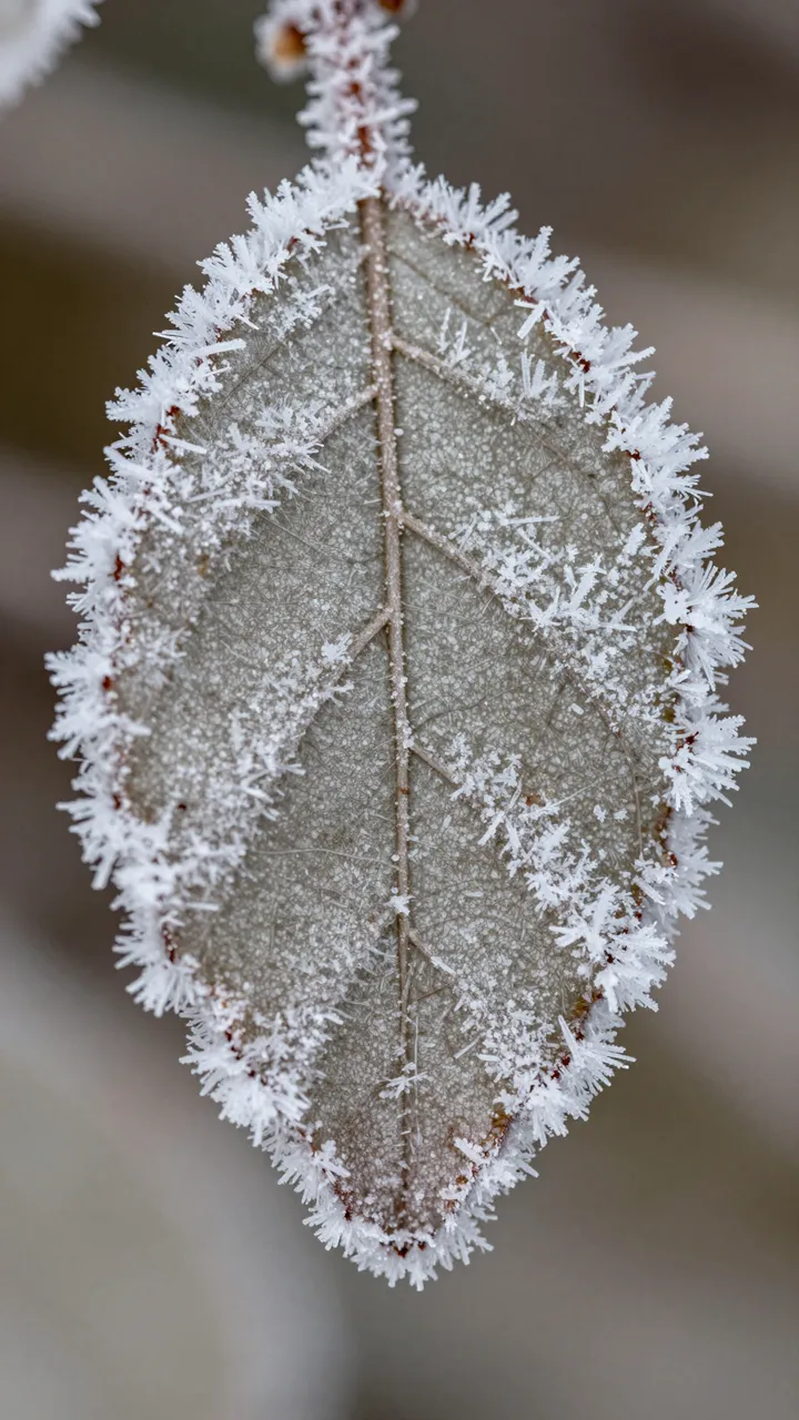 Close-up macro view of a dried leaf covered in delicate spiky frost crystals against a soft blurred background