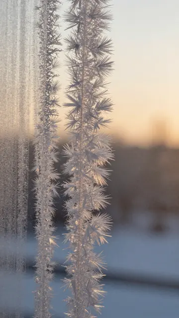 Feathery frost crystals on a window pane are backlit by soft golden sunrise light