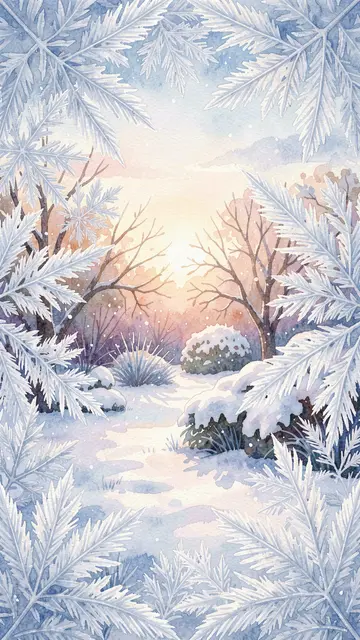 Watercolor winter garden scene framed by feathery frost at soft pastel dawn