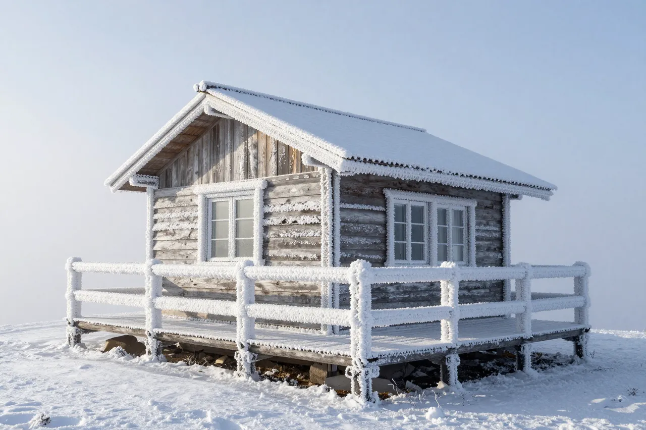 A weathered wooden mountain hut covered in thick rime frost stands in snow under pale hazy sunlight
