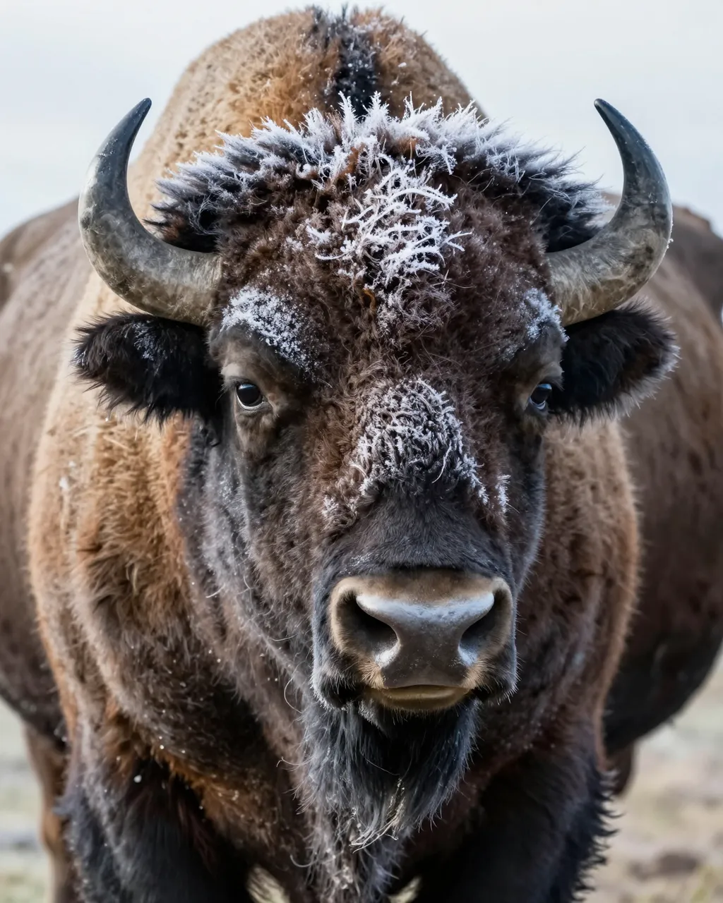 Close-up portrait of an american bison with crystalline frost coating its face and forehead fur