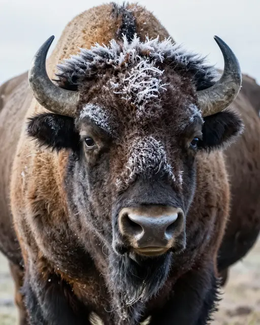 Close-up portrait of an american bison with crystalline frost coating its face and forehead fur