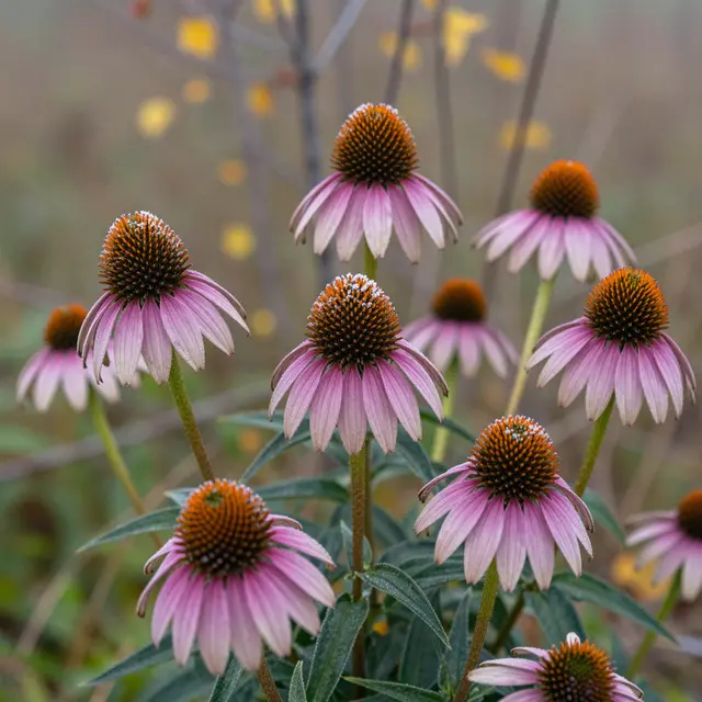 Pink coneflowers dusted with light frost grow against a blurred late autumn meadow background