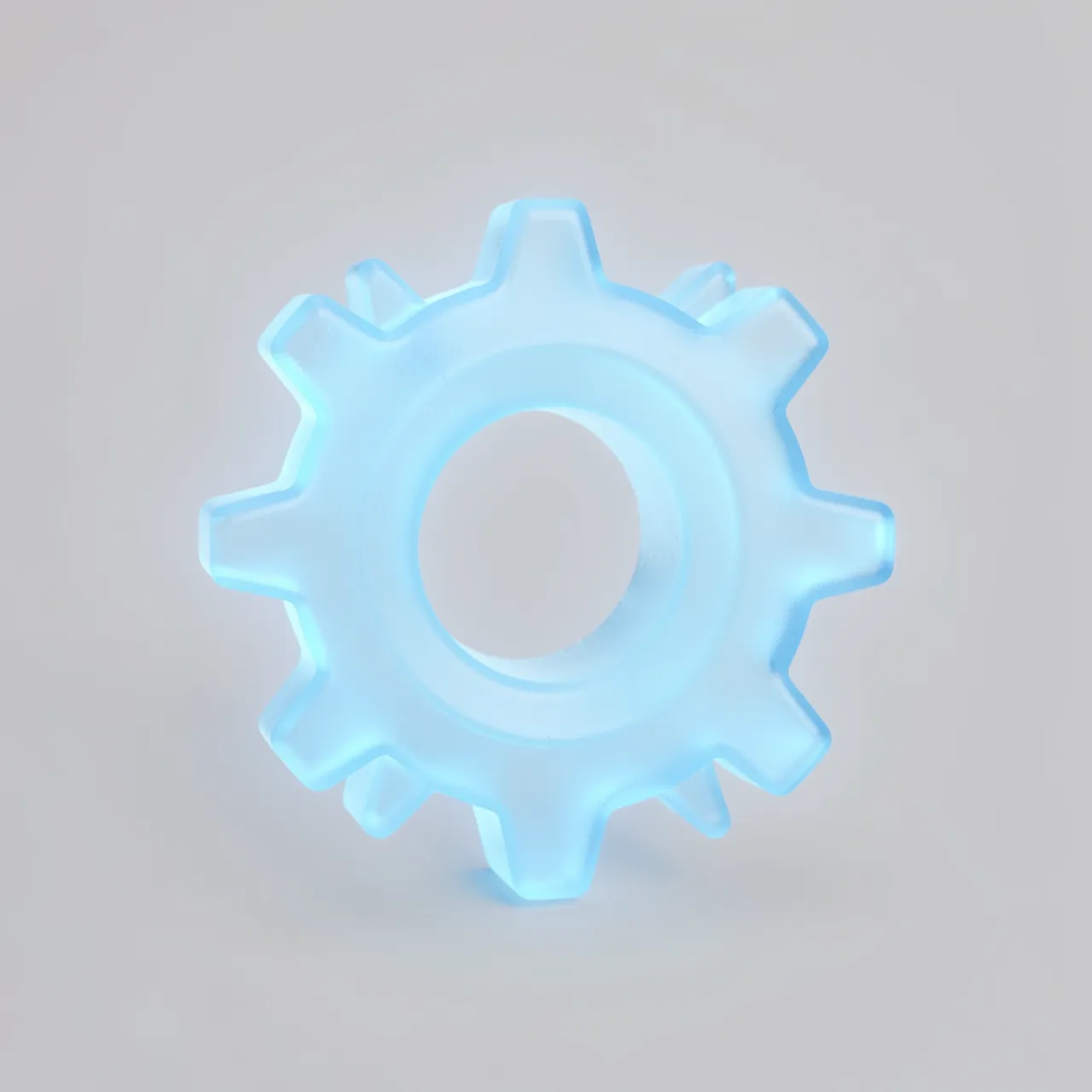 A frosted translucent light blue 3D cog wheel sits on a pale gray background