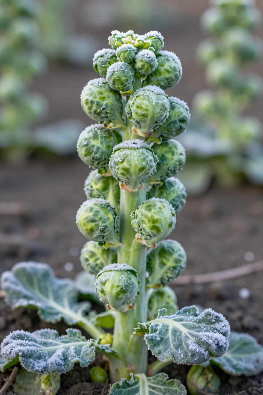 A close-up of a brussels sprout stalk dusted with frost growing in dark garden soil