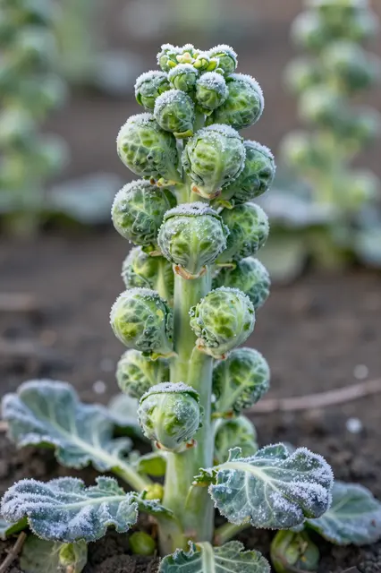 A close-up of a brussels sprout stalk dusted with frost growing in dark garden soil