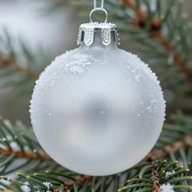 A frosted glass Christmas bauble dusted with ice crystals hangs among frosty fir needles with soft bokeh background.