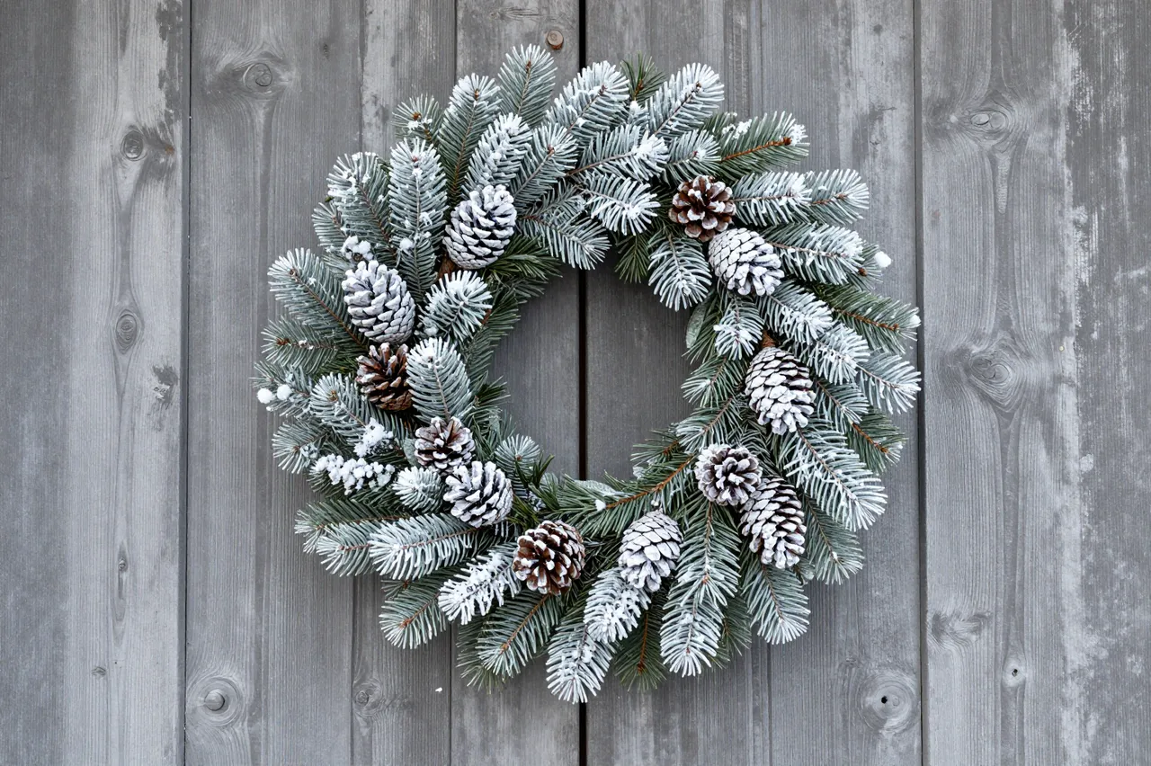 A frosted silver fir and pinecone wreath hangs on a weathered gray wooden barn door