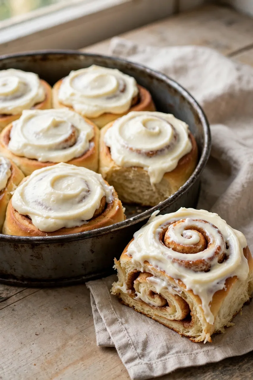 Fluffy cinnamon rolls with cream cheese frosting sit in a metal pan, one pulled out to show its layered swirl.
