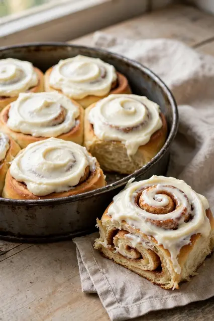 Fluffy cinnamon rolls with cream cheese frosting sit in a metal pan, one pulled out to show its layered swirl.