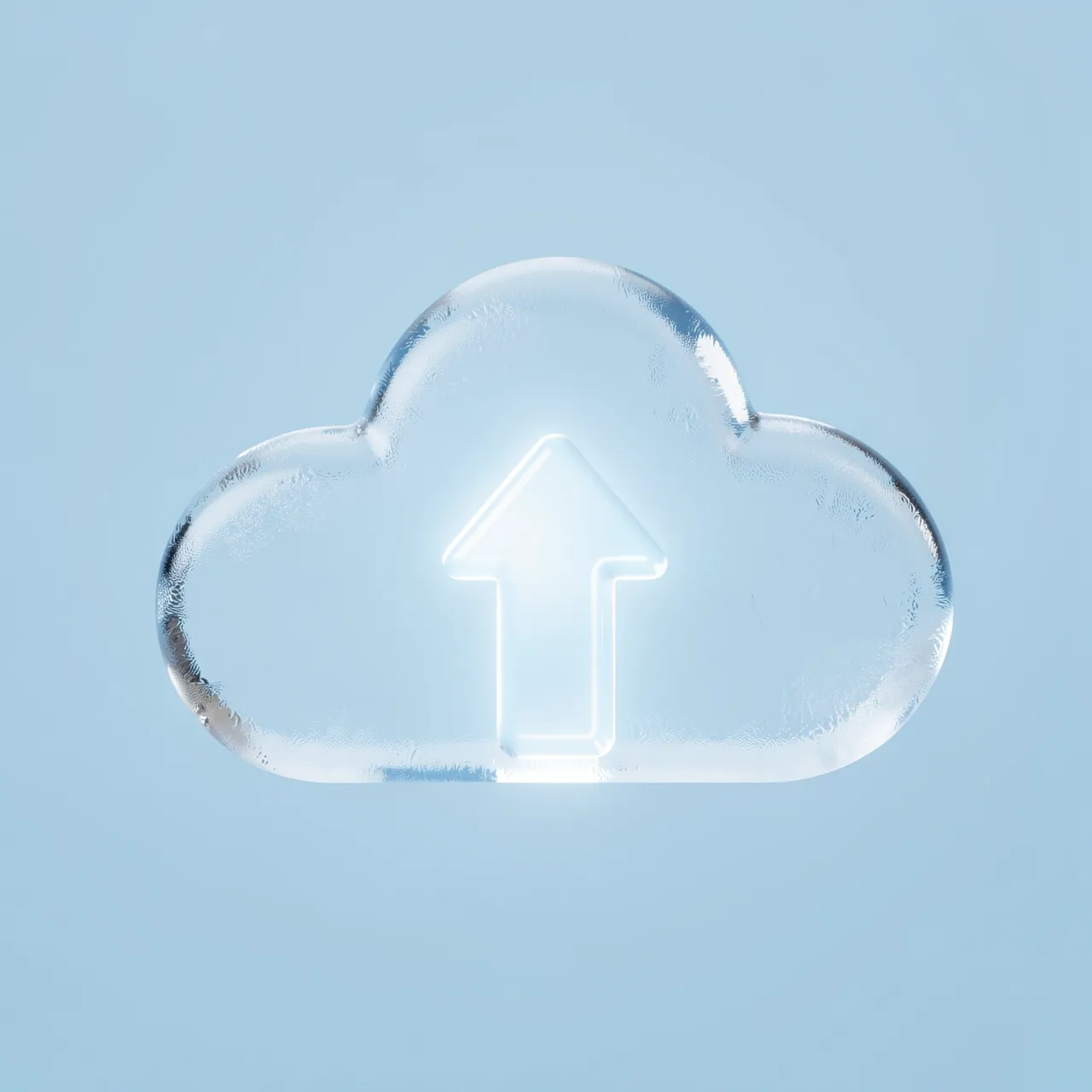 A frosted translucent 3D cloud icon with a glowing upward upload arrow against a pale blue background