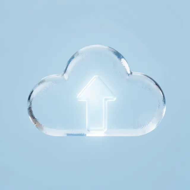 A frosted translucent 3D cloud icon with a glowing upward upload arrow against a pale blue background